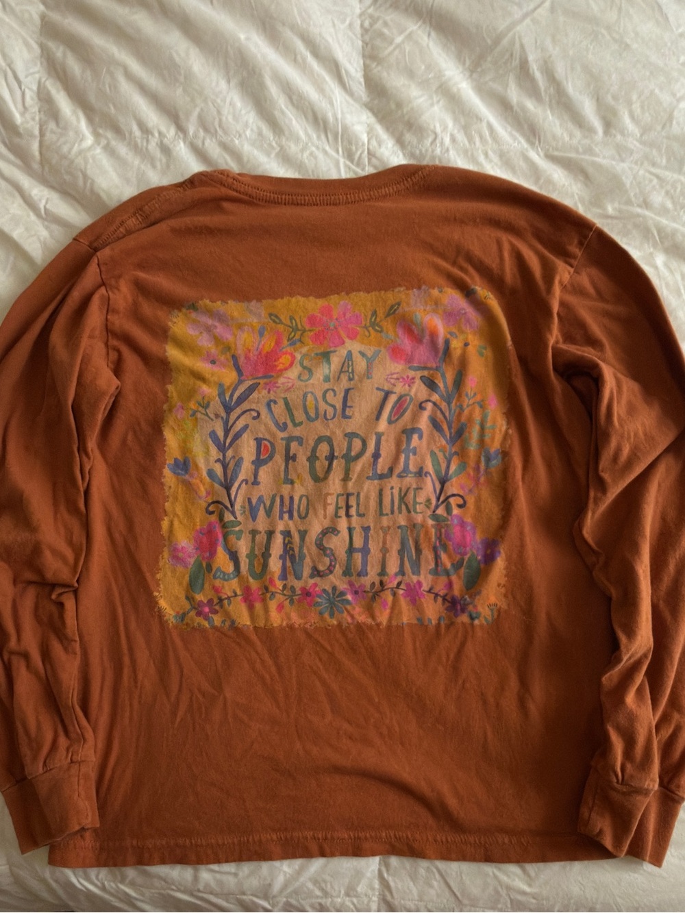 Rust Orange Long-Sleeve Graphic Shirt natural life sz small w/ Floral Back Print